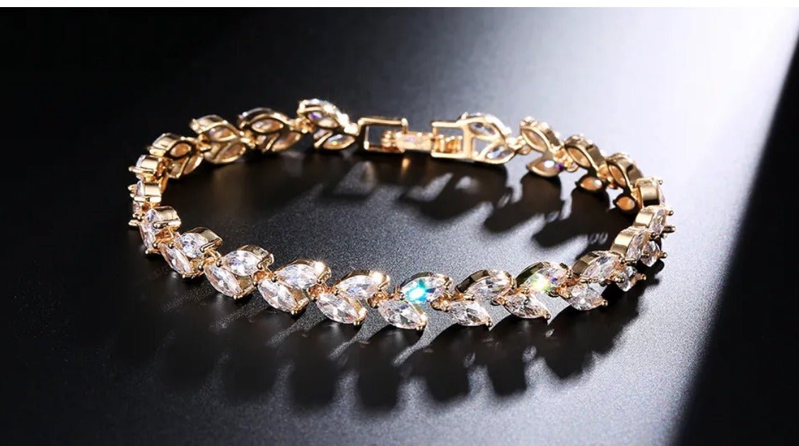 Cubic Zirconia Bridal Bracelet in a Leaf Style Design, Wedding Jewellery, Bridal Bracelet in Silver, Gold and Rose Gold - Floralific