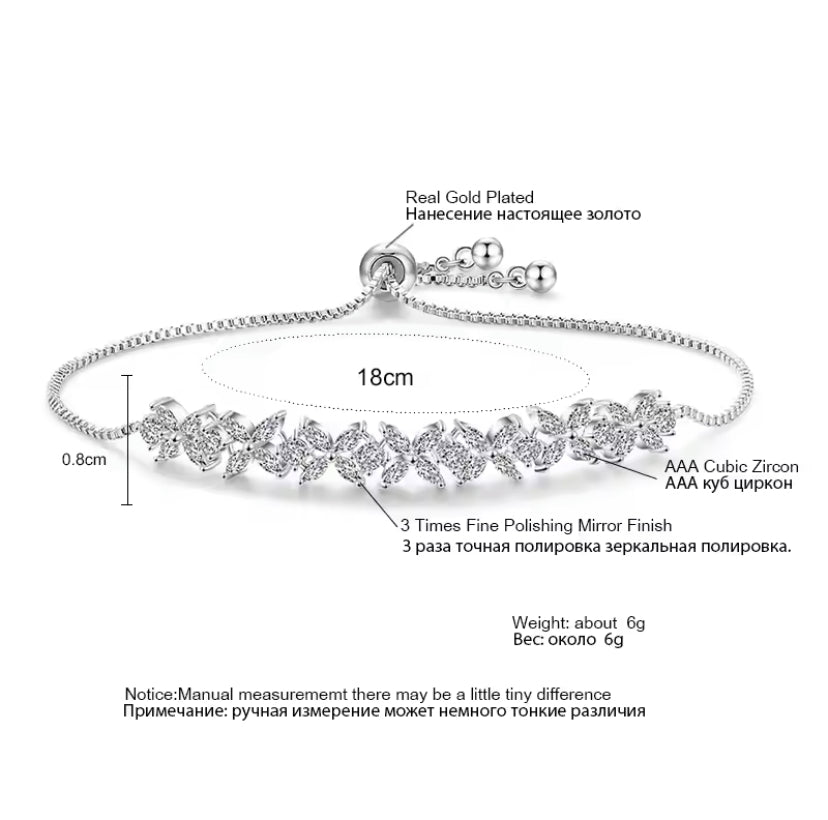 CZ Bridal Bracelet with Flower Design in Silver, White Gold Plated, Wedding Bracelet Accessories - Floralific