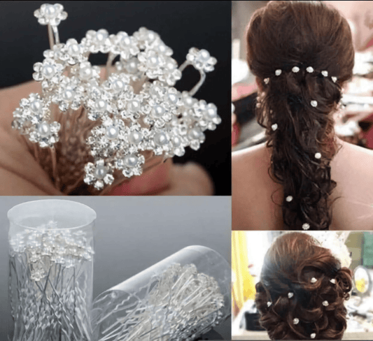 10x Diamante Wedding Hair Pins Flower Girl Hair Accessories, Bridesmaid Hair, Bridal Diamante Crystal Pearl Hair Clips/Grips Jewellery Prom - Floralific