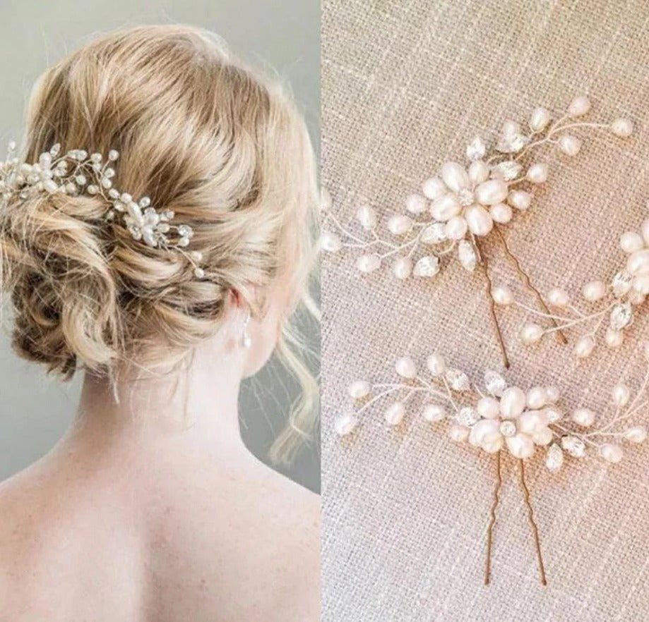 3pc Bridal Hair Accessories Bridal Wedding Hair Pin/Hair Vine, Wedding Hair Accessories Crystal Diamante Pearl, Bridesmaid Hair Accessories - Floralific