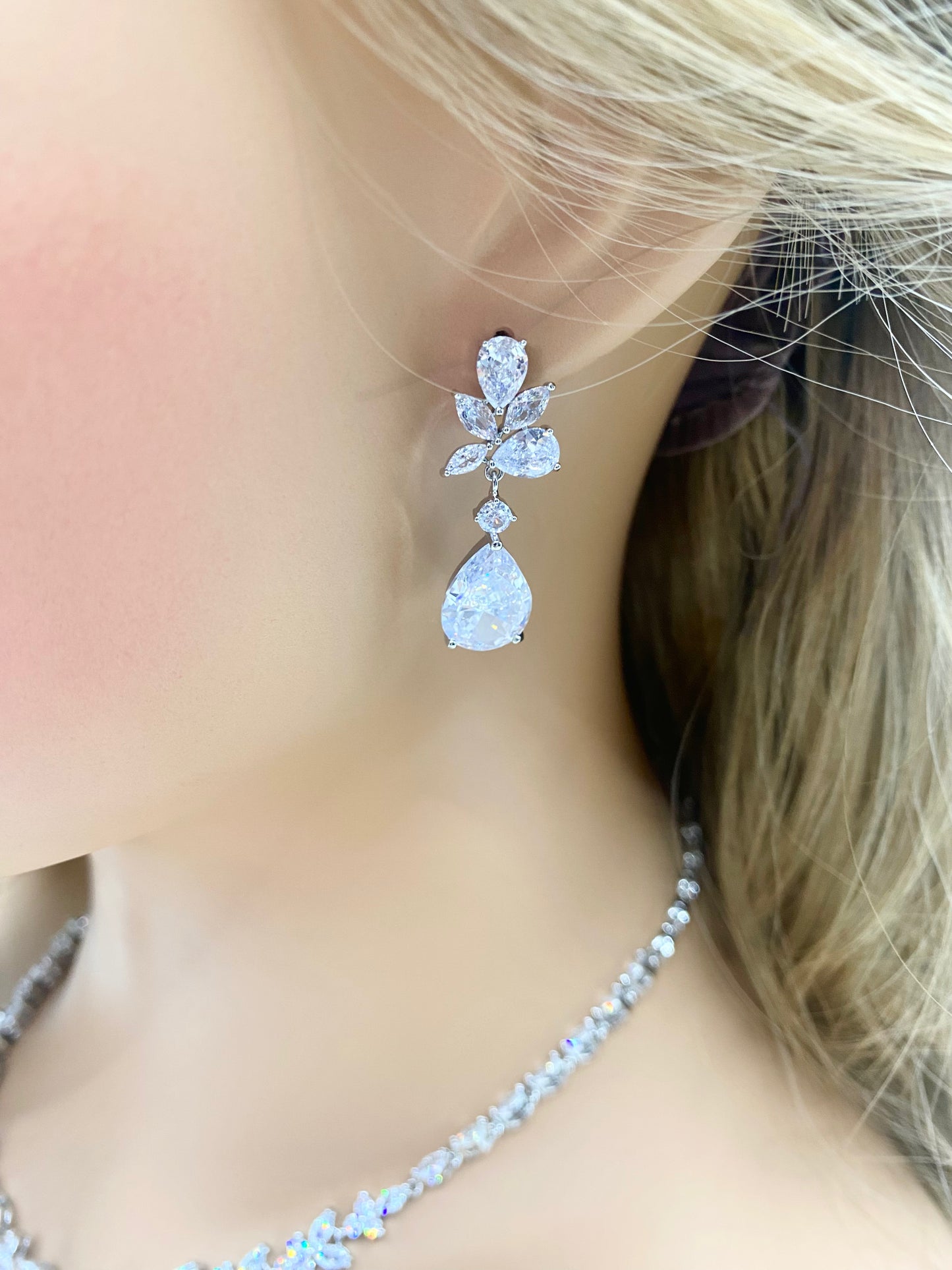 CZ Tear Drop Earrings Gift for Her, Dangle Earrings Crystal Wedding Dangle Earrings in Silver Colour