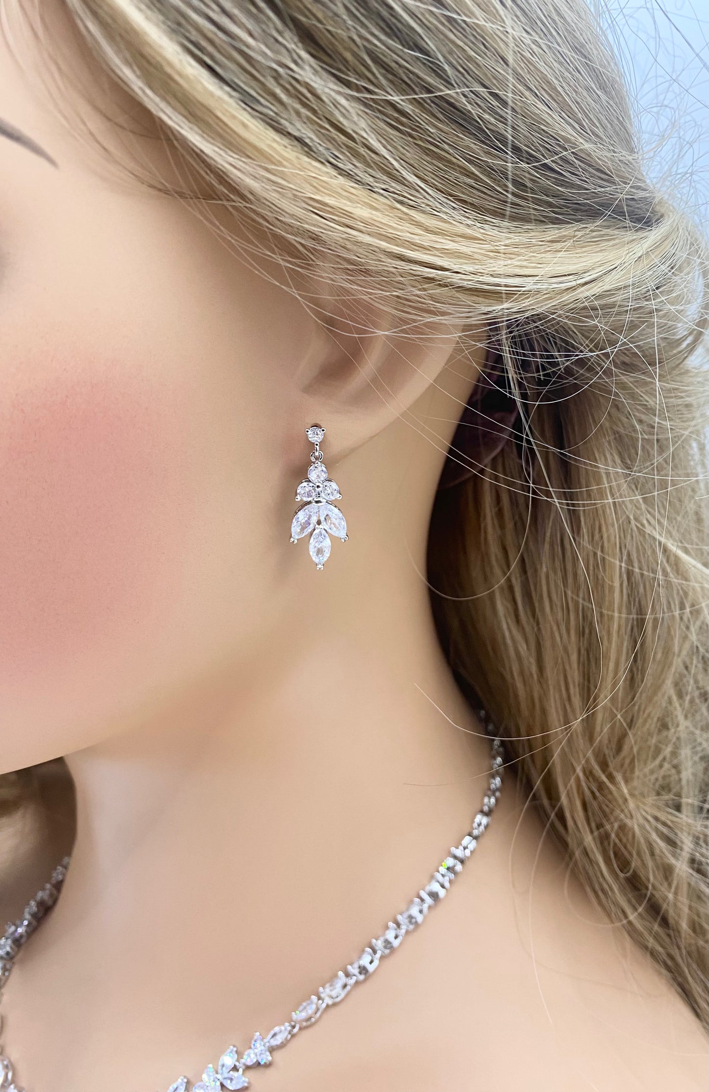 Crystal CZ Bridal Jewellery Set, Gift for Her, Necklace Earrings Bracelet Leaf Design in Silver Colour