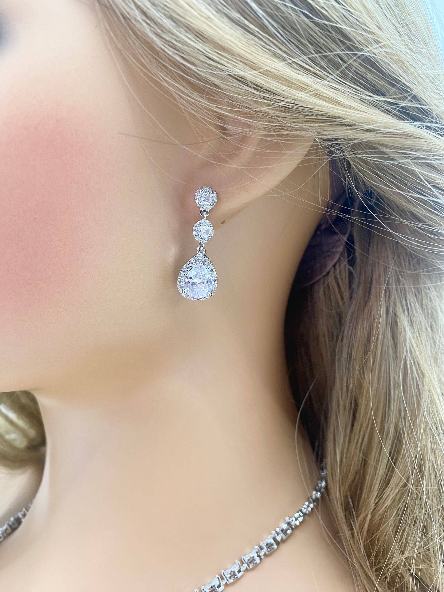 CZ Crystal Dangle Earrings  Gift for Her Tear Drop Earrings Wedding Jewellery Bridal in Silver Colour