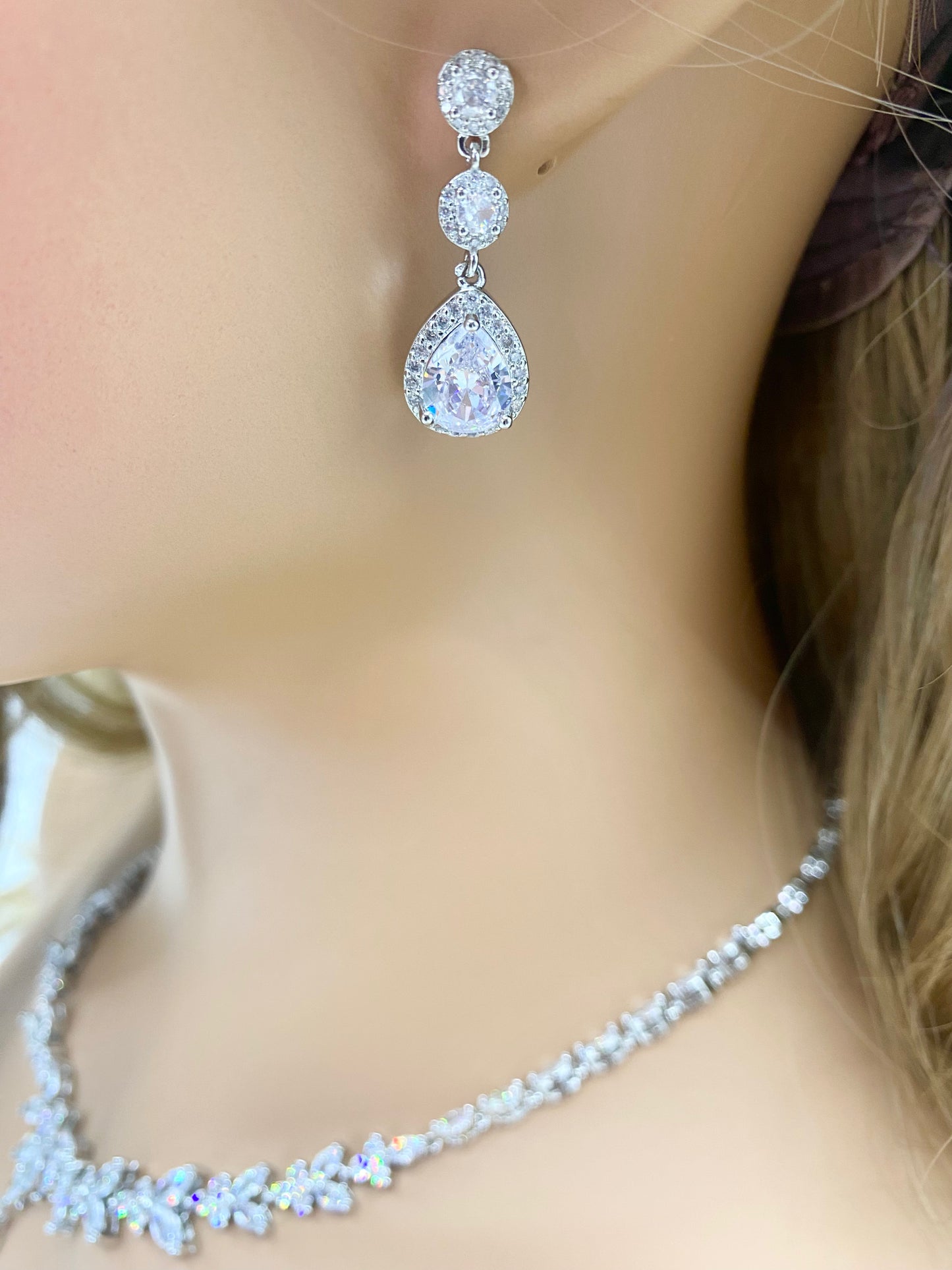 CZ Crystal Dangle Earrings  Gift for Her Tear Drop Earrings Wedding Jewellery Bridal in Silver Colour