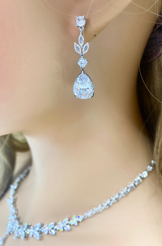 Hochzeitsschmuckset mit CZ-Kristallen, Geschenk für Sie, Brautkette, Tropfenohrringe und Armband, Blattdesign in Silber, Gold und Roségold