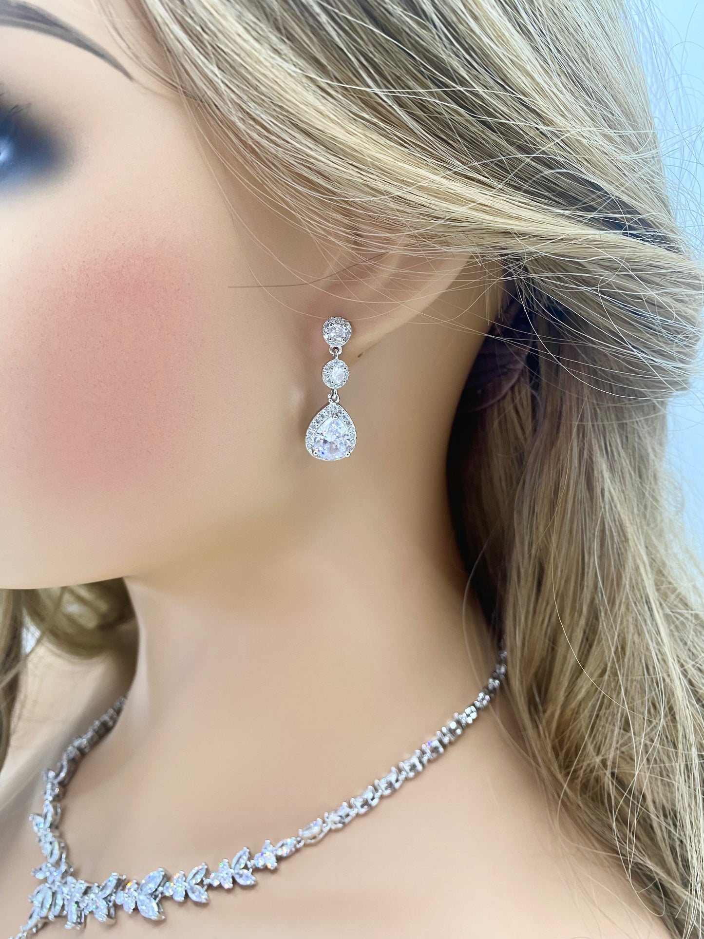 CZ Crystal Dangle Earrings  Gift for Her Tear Drop Earrings Wedding Jewellery Bridal in Silver Colour