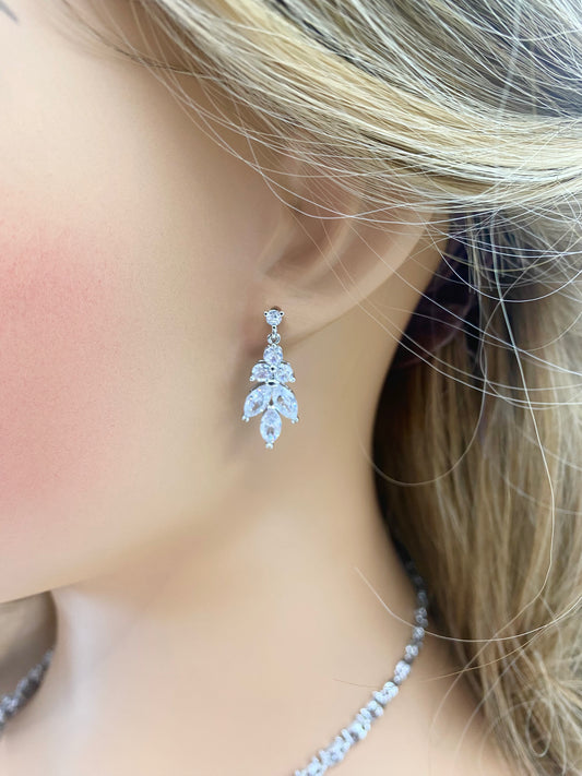 Crystal CZ Bridal Jewellery Set, Gift for Her, Necklace Earrings Bracelet Leaf Design in Silver Colour