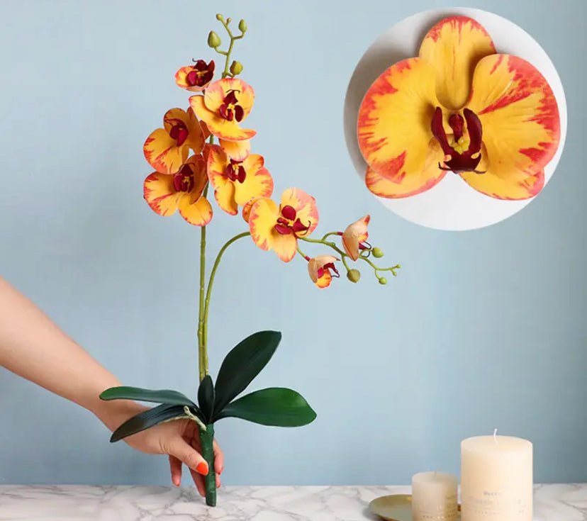 Artificial Yellow Orchid, Orchid Plant, Orchid & Leaves for Orchid Plant, Yellow Flowers, Gift for Her Artificial Flowers, Real Look Faux - Elegantly You