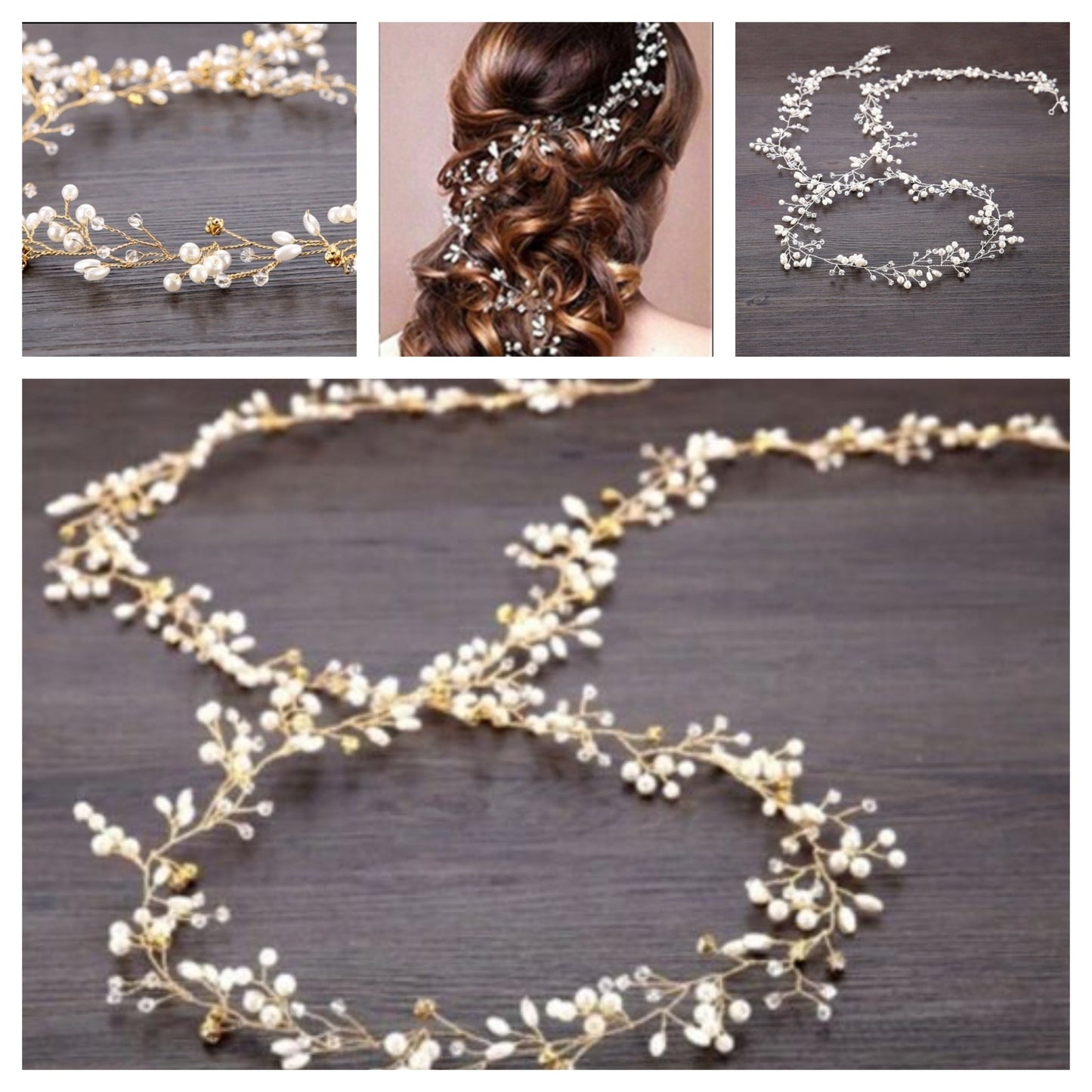 Bridal Hair Vine in Silver & Gold Wedding Hair Accessories 50/100cm Hair Jewellery Crystal Diamante Pearl Bride Bridesmaid Flower Girl Prom - Floralific