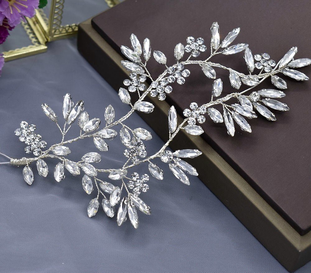 Bridal Wedding Hair Accessories Crystal Hair Piece Hair Vine with Leaf Design (One piece) Bridesmaid Accessory Jewellery in Silver or Gold - Floralific