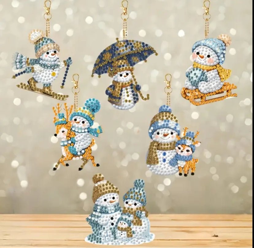 Christmas Snowman Diamond Art Keyring Decorations 6pcs - DIY Christmas Diamond Art Kit - Christmas Decoration Craft Kit in Laminate with Rhinestone Drills - Elegantly You