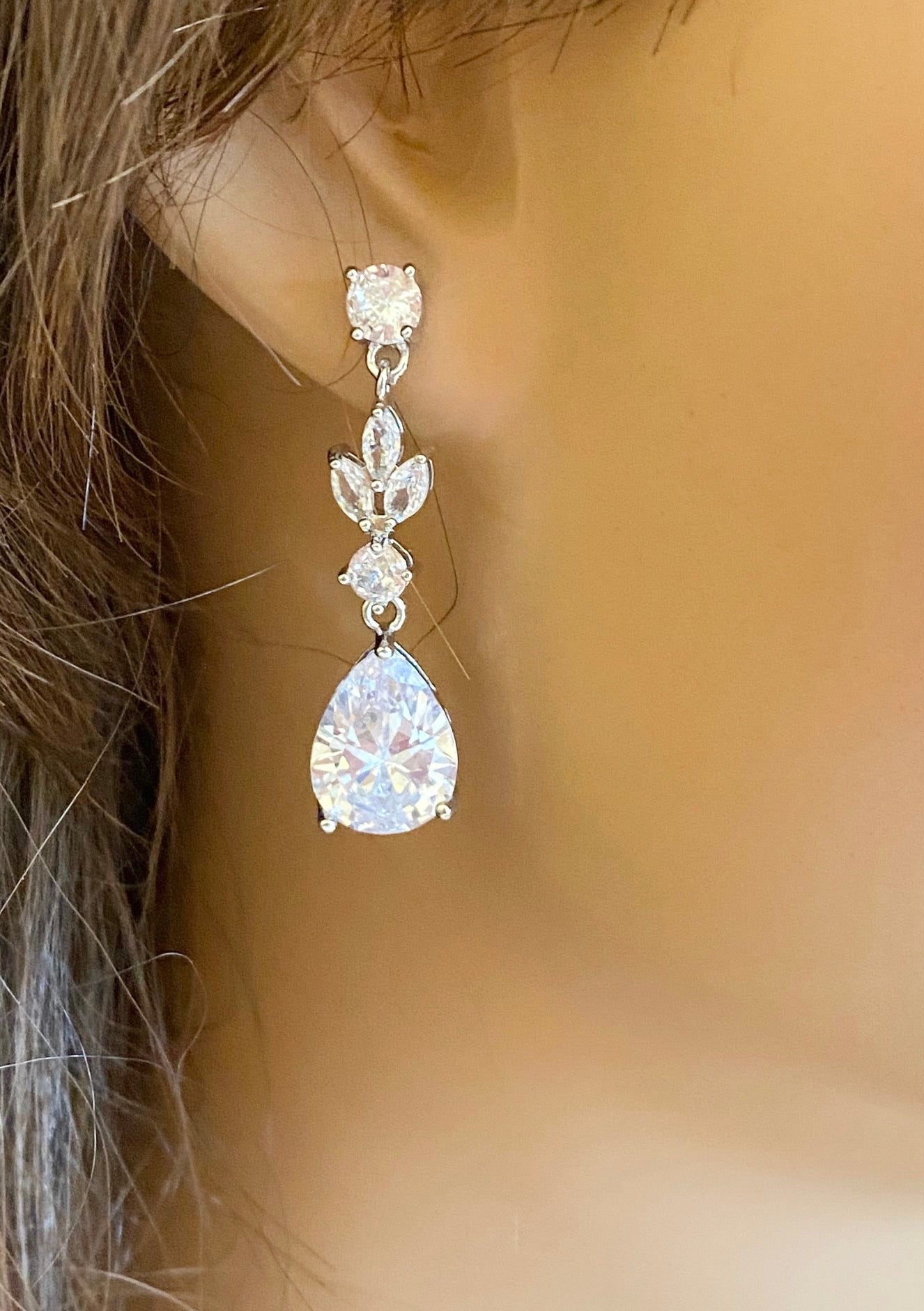 Crystal Bridal Jewellery Set Cubic Zirconia Bridal Necklace Bridal Earrings Silver Jewelry Wedding Set Tear Drop Earrings Leaf Style Design - Floralific