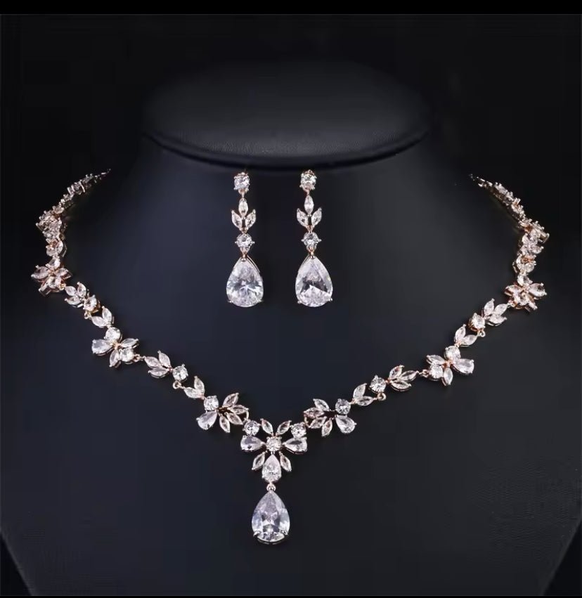 Crystal Bridal Jewellery Set Cubic Zirconia Bridal Necklace Bridal Tear Drop Earrings Silver Jewelry Wedding Set Leaf Style Design - Floralific