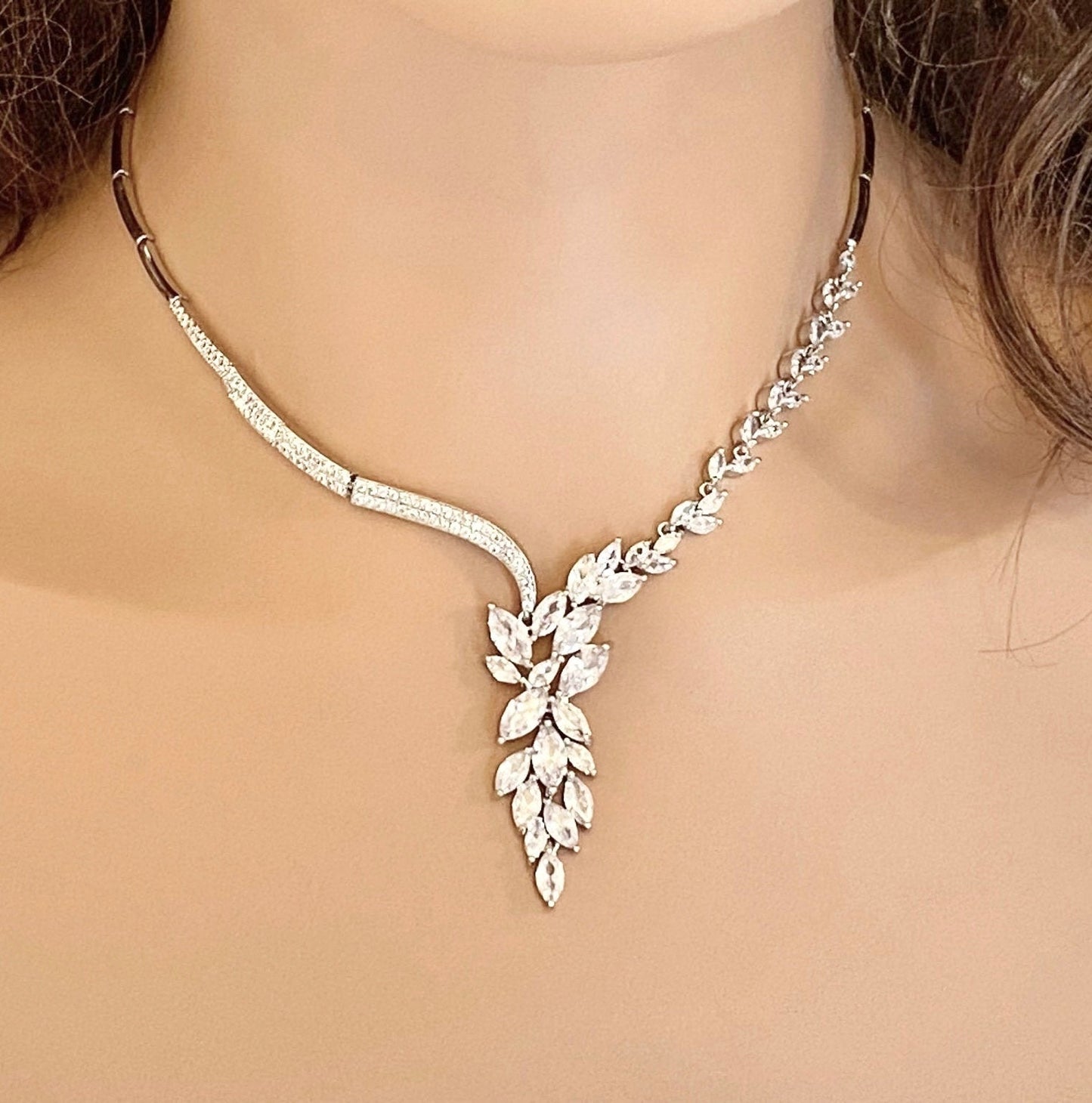 Crystal Cubic Zirconia Jewellery Set Gift for Her Clearance Sale Bridal Necklace Bridal Earrings CZ Jewelry Wedding Set in Silver Colour - Elegantly You