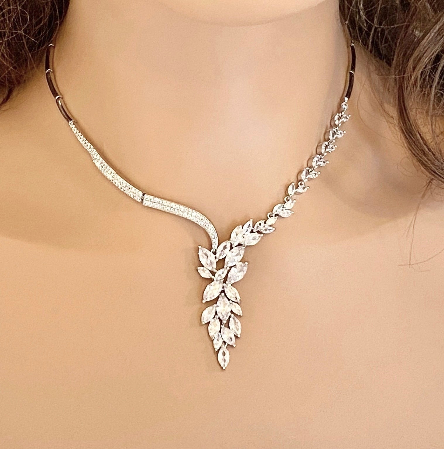 Crystal Cubic Zirconia Jewellery Set Gift for Her Clearance Sale Bridal Necklace Bridal Earrings CZ Jewelry Wedding Set in Silver Colour - Elegantly You