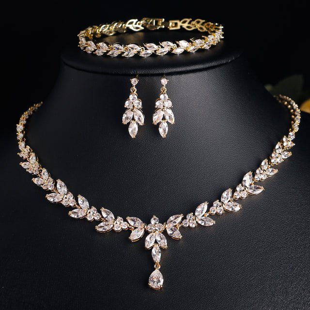 Crystal CZ Jewellery Set, Christmas Gift for Her, Necklace Earrings Bracelet in Gold colour in Leaf Design - Floralific