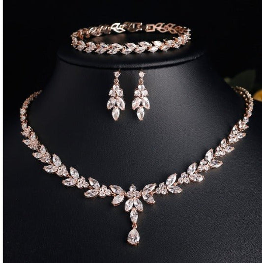 Crystal CZ Jewellery Set, Christmas Gift for Her, Rose Gold Colour Necklace Earrings Bracelet Leaf Design - Floralific