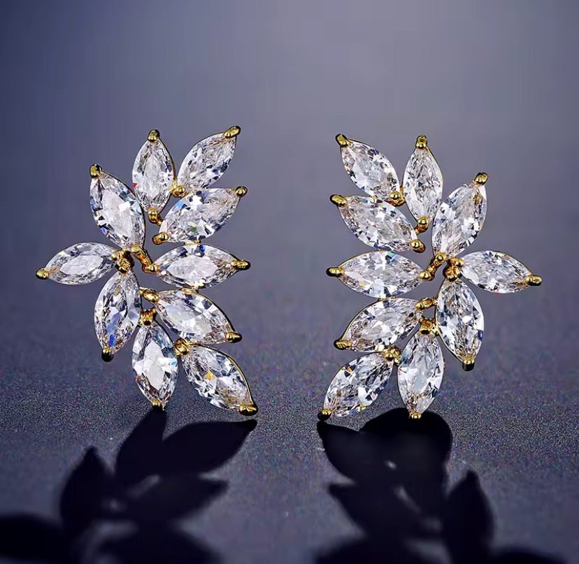 Crystal CZ Jewellery Set Gift for Her, Bridal Necklace Earrings and Bracelet Wedding Set Leaf Style Design in Silver & Gold Colour - Elegantly You