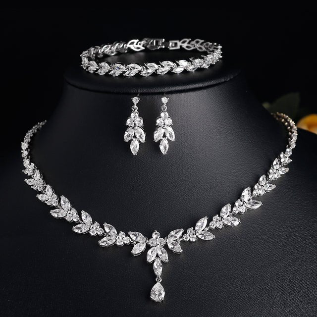 Crystal CZ Wedding Jewellery Set, Gift for Her, Bridal Necklace Earrings & Bracelet Silver Jewelry Wedding Set Simple Leaf Style Design in Silver - Floralific