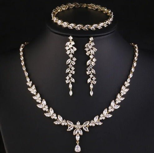 Crystal CZ Wedding Necklace Set, Gift for Her, Bridal Jewellery, Silver, Gold & Rose Gold - Floralific