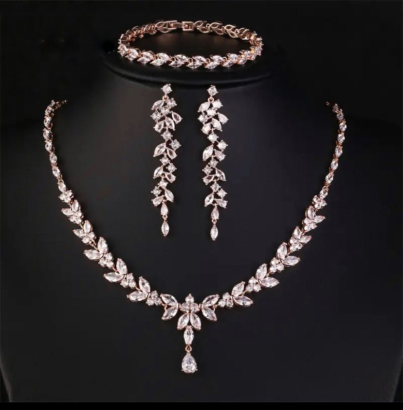 Crystal CZ Wedding Necklace Set, Gift for Her, Bridal Jewellery, Silver, Gold & Rose Gold - Floralific