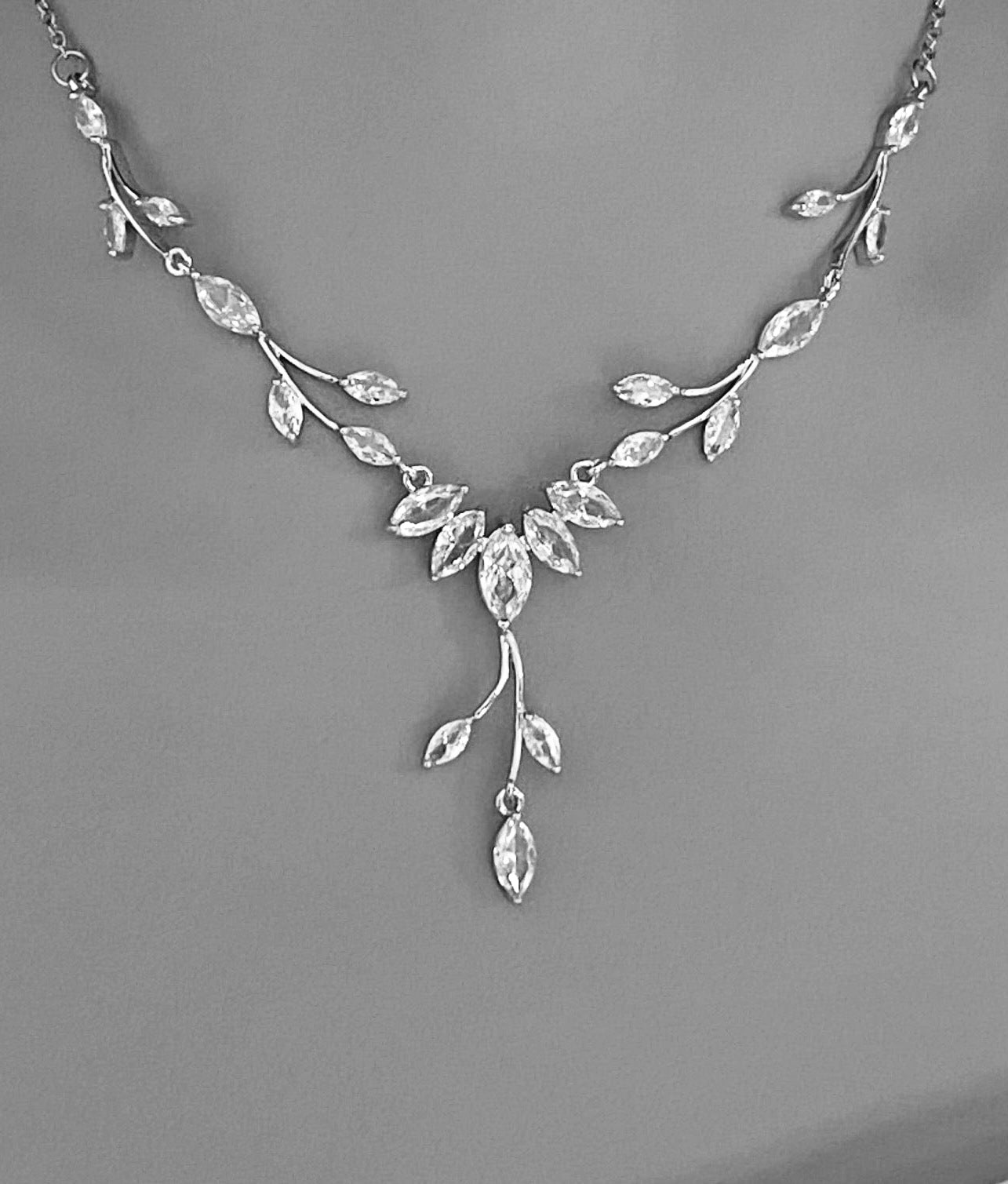 Crystal Jewellery Set Gift for Her. CZ Bridal Necklace Earrings Silver Jewelry Wedding Jewellery Set Splayed Leaf Style Design Droplet Earrings - Floralific