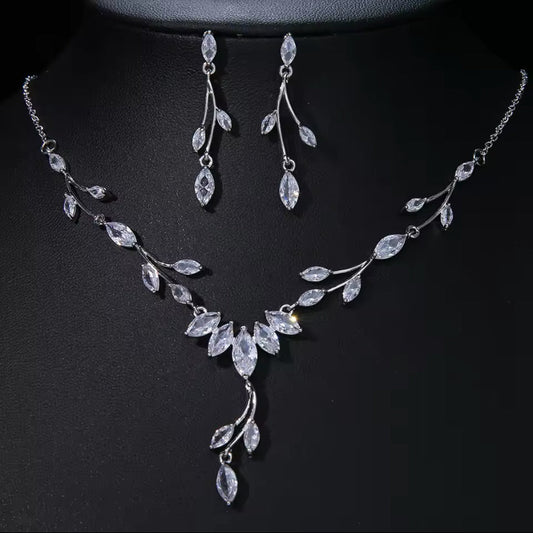 Crystal Wedding Jewellery Set Gift for Her. CZ Silver Bridal Necklace Droplet Earrings Leaf Design - Floralific