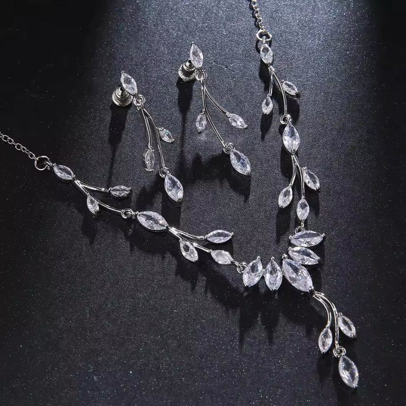 Crystal Wedding Jewellery Set Gift for Her. CZ Silver Bridal Necklace Droplet Earrings Leaf Design - Floralific