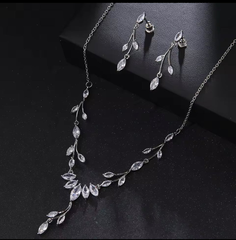 Crystal Wedding Jewellery Set Gift for Her. CZ Silver Bridal Necklace Droplet Earrings Leaf Design - Floralific