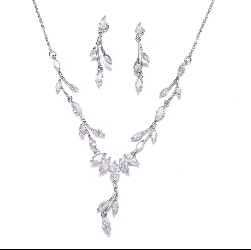 Crystal Wedding Jewellery Set Gift for Her. CZ Silver Bridal Necklace Droplet Earrings Leaf Design - Floralific