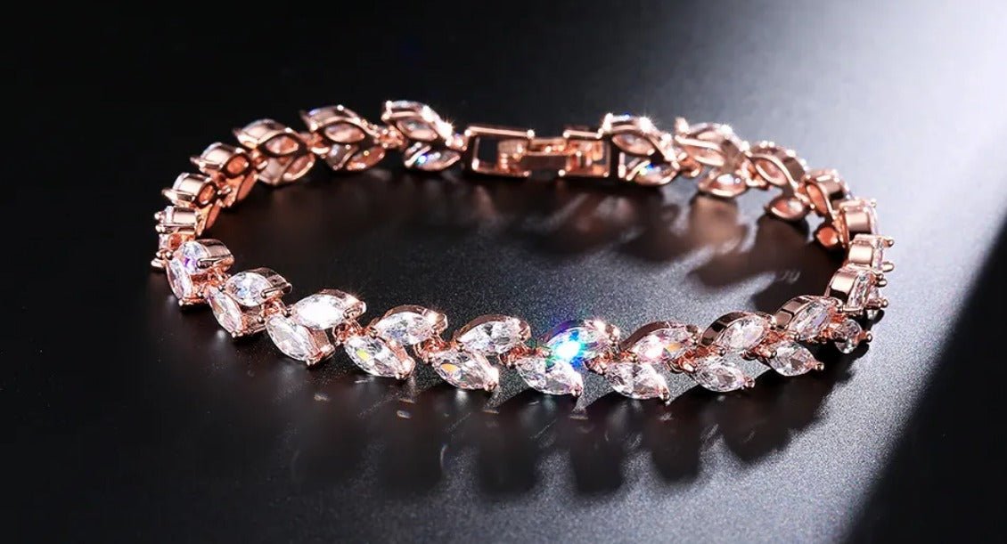 Cubic Zirconia Bridal Bracelet in a Leaf Style Design, Wedding Jewellery, Bridal Bracelet in Silver, Gold and Rose Gold - Floralific