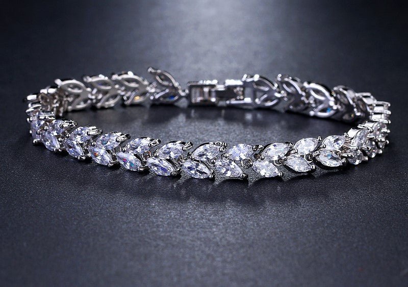 Cubic Zirconia Bridal Bracelet in a Leaf Style Design, Wedding Jewellery, Bridal Bracelet in Silver, Gold and Rose Gold - Floralific