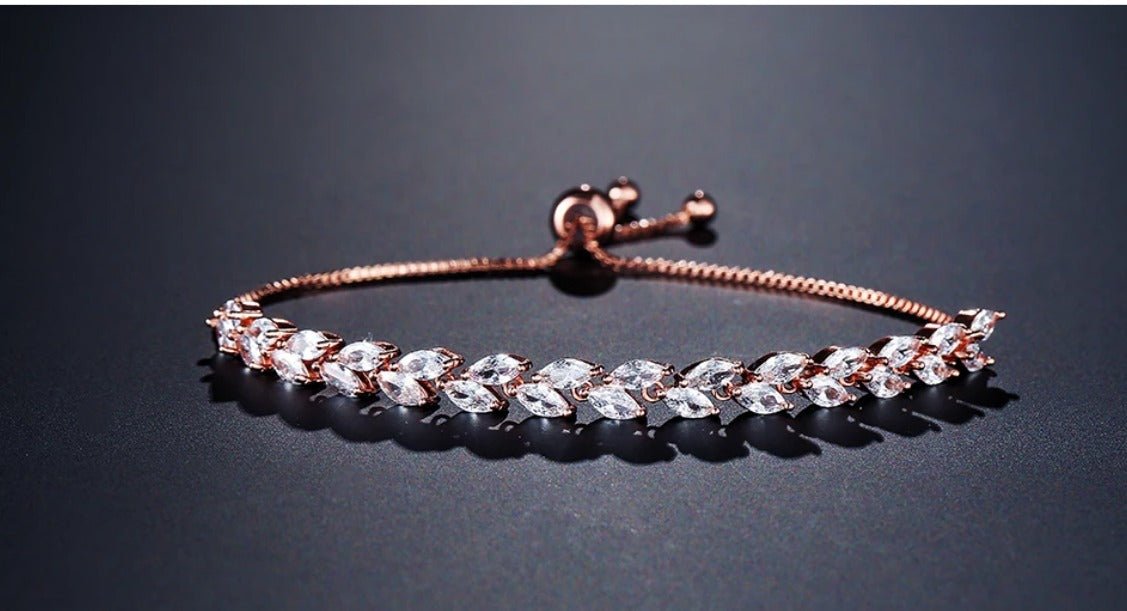 Cubic Zirconia Extendable Bridal Bracelet in a Leaf Style Design in Silver, Gold and Rose Gold - Floralific