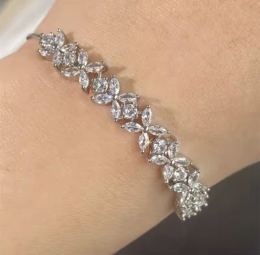 CZ Bridal Bracelet with Flower Design in Silver, White Gold Plated, Wedding Bracelet Accessories - Floralific