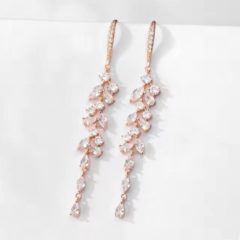 CZ Bridal Hoop Dangle Earrings Silver or Rose Gold Crystal Wedding Earrings Gift for Her - Floralific