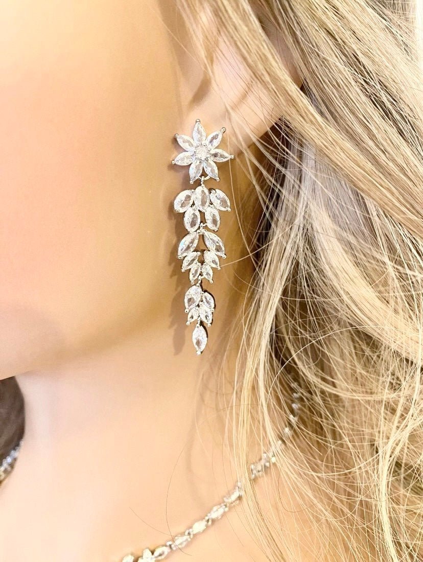 CZ Crystal Dangle Drop Bridal Earrings Flower Design Gift for Her in Silver - Elegantly You