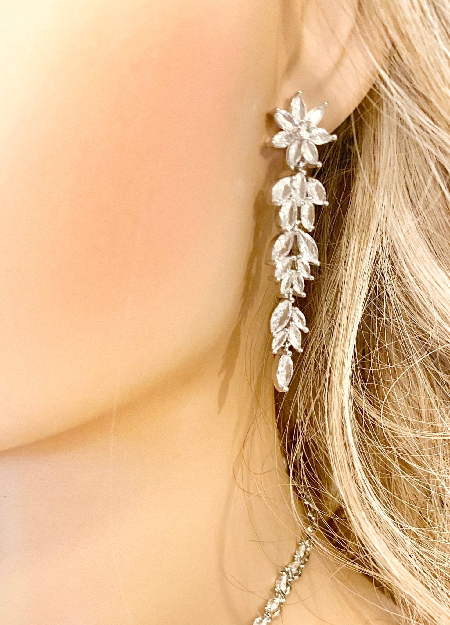 CZ Crystal Dangle Drop Bridal Earrings Flower Design Gift for Her in Silver - Elegantly You