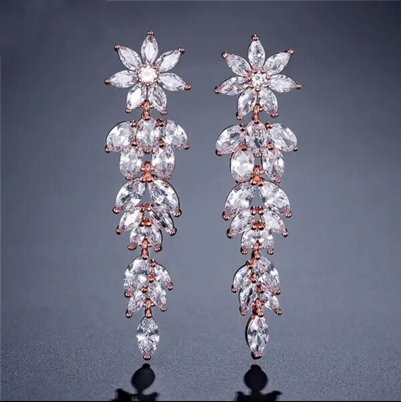 CZ Crystal Dangle Drop Bridal Earrings Flower Design Gift for Her Wedding Earrings in Silver and Rose Gold - Floralific