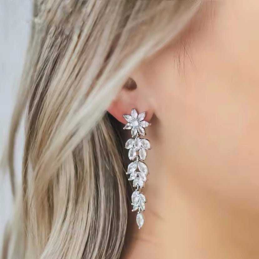 CZ Crystal Dangle Drop Earrings Flower Design Christmas Gift for Her Bridal Earrings in Silver and Rose Gold - Floralific