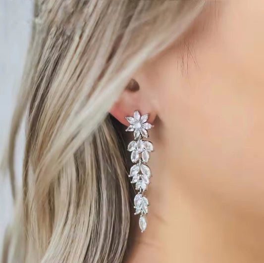 CZ Crystal Dangle Drop Earrings Flower Design Christmas Gift for Her Bridal Earrings in Silver and Rose Gold - Floralific