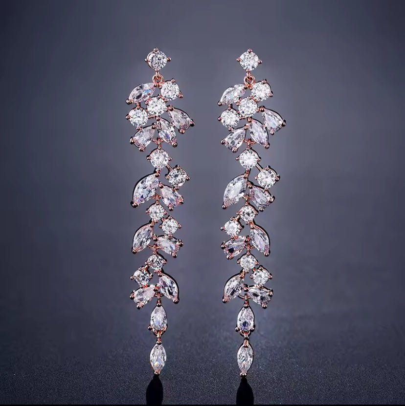 CZ Crystal Dangle Wedding Earring, Gift for Her, Two Tone Diamante Long Dangle Earring in Silver, Gold and Rose Gold - Elegantly You