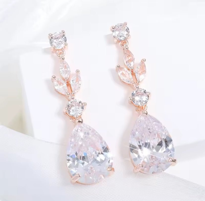 CZ Crystal Tear Drop Bridal Earrings or Gift for Her in Silver, Gold and Rose Gold - Elegantly You