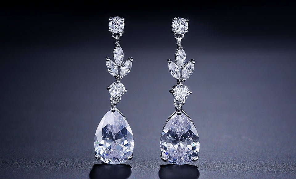 CZ Crystal Tear Drop Bridal Earrings or Gift for Her Wedding Earrings in Silver, Gold and Rose Gold - Floralific