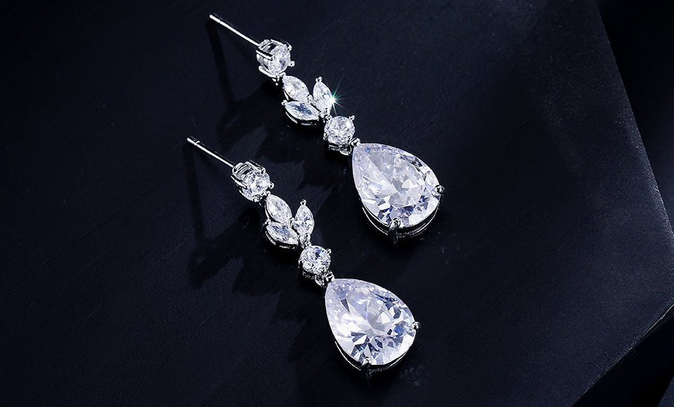 CZ Crystal Tear Drop Bridal Earrings or Gift for Her Wedding Earrings in Silver, Gold and Rose Gold - Floralific