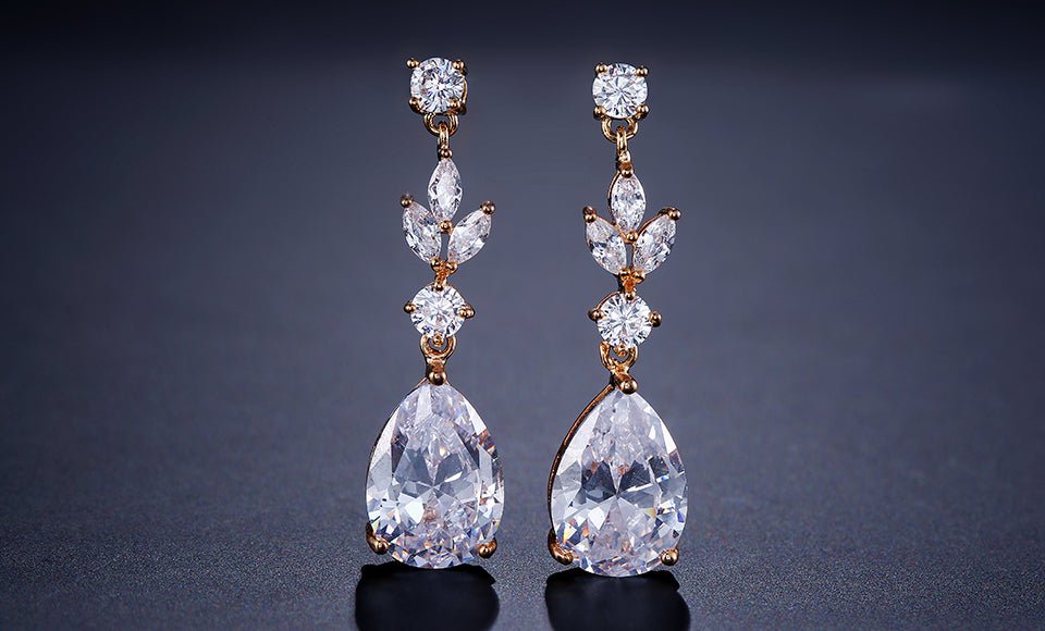 CZ Crystal Tear Drop Bridal Earrings or Gift for Her Wedding Earrings in Silver, Gold and Rose Gold - Floralific