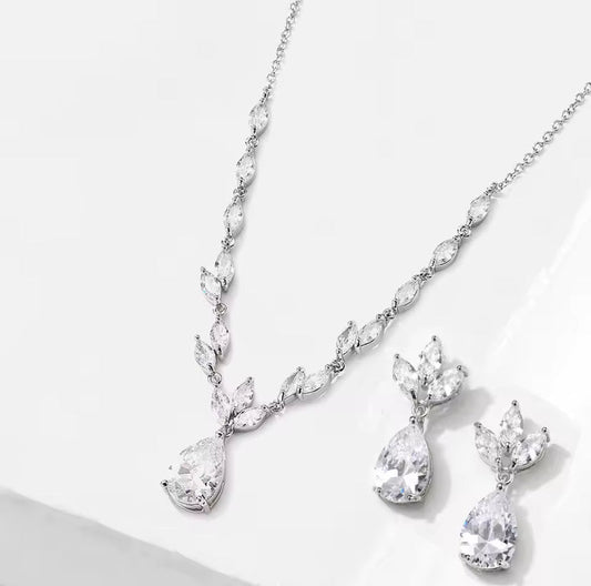 CZ White Gold Plated Bridal Jewellery Set Necklace and Earrings Gift for Her in Silver Colour - Elegantly You