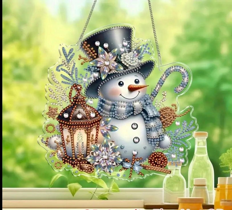 Snowman DIY Diamond Art Kit - Christmas Diamond Art Suncatcher - Christmas Decoration Craft Kit in Acrylic with Rhinestone Drills - Elegantly You