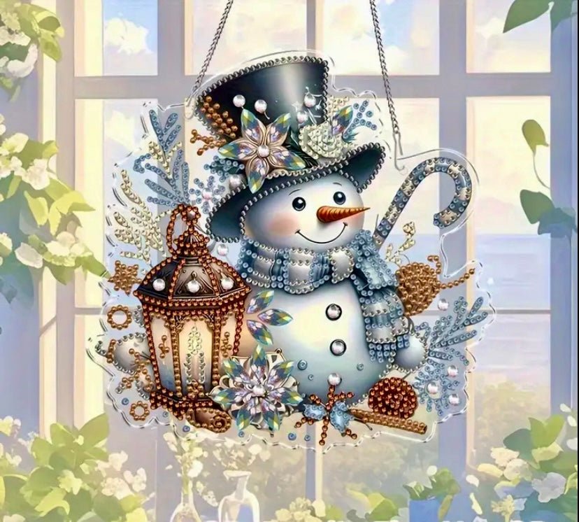 Snowman DIY Diamond Art Kit - Christmas Diamond Art Suncatcher - Christmas Decoration Craft Kit in Acrylic with Rhinestone Drills - Elegantly You